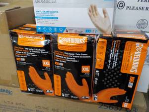 lot 256 image: 3 ct Glovework size XXL Orange Nitrile Gloves and 1 ct Amimex size Large Vinyl Gloves