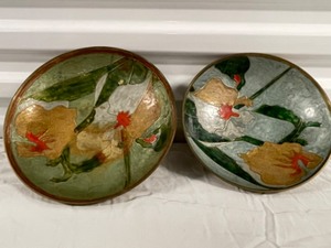 Set of 2 Vintage India Art Brass Cloisonne Enamel Footed Bowls