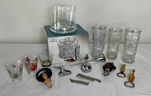 lot 115 image: Barware Bundle - 2 Libbey of Canada Heavy Glass Cowboy Boot Mug, Anchor Hocking Cowboy Boot Mug, 7 piece Vodka Set and Bar Accessories