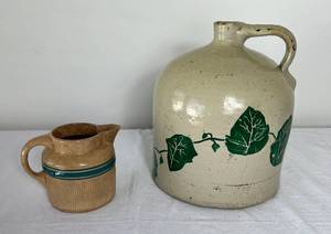 lot 117 image: Hull 107 Early Utility Pitcher, Green Stripe and Stoneware Crock Jug