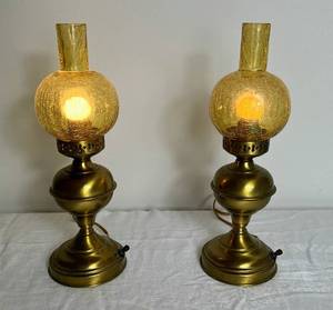lot 118 image: Vintage Pauls Gifts Crackle Glass Brass Lamps - set of 2