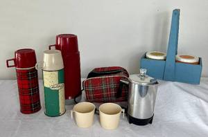 lot 120 image: Vintage Thermos Collection #1155 and Travel Coffee Percolator & Cups