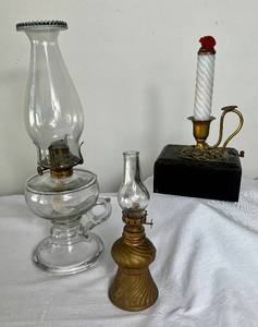lot 123 image: Antique Flashlight with Milk Glass Candle and Battery Pack Holder Compartment plus 2 Vintage Oil Lamps