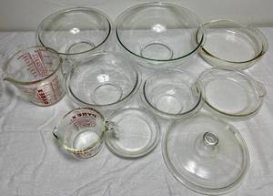 lot 42 image: Vintage PYREX  Assorted Lot - Set of 4 Nesting Bowls, 4C and 1 C Measuring Cups, Small 6 Ovenware, 8.5 Casserole Dish with Lid, Bonus 8.5 lid