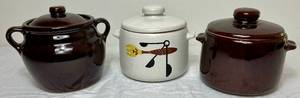 lot 98 image: 3 Vintage Bean Pots with Lids- One Monmouth and Two West Bend