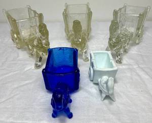 lot 99 image: Horse and Donkey Drawn Cart- Five Pieces 3 Large, 1 Blue Medium, 1 Small Milk Glass