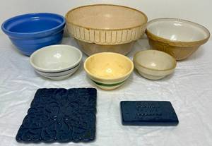 lot 116 image: Vintage Pottery Collection - 6 Bowls of Asst Sizes, Trivet and Bread Warmer