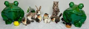 lot 121 image: Ceramic Animal Collection - 2 Large Frogs 15 x 9, Birds, Owl, Bunnies