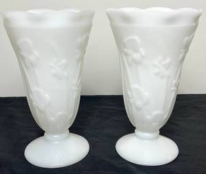 lot 130 image: Vintage Jeannette Iris & Herringbone Milk Glass Pedestal Vase 9 - set of 2