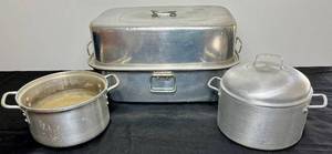 lot 133 image: Vintage A Leyse Product Aluminum Co. Three Part Steamer, Pot, Pan with Double Handles and Mirco Aluminum Roaster Pan 5365M Made in the USA