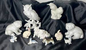 lot 202 image: White Porcelain Animal Collection - 9 pieces, Fitz and Floyd Dogs and Birds, Vintage Miniature Dogs Made in Japan, Verithin Pair of Kittens, and OMC Owl