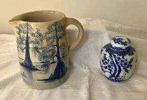 lot 138 image: Red River Pottery Signed Hand Turned Pitcher and 5 Cherry Blossom Ginger Jar Blue & White