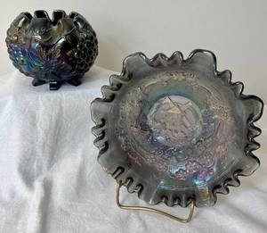 lot 155 image: Antique Carnival Glass Rose Bowl Made by Dugan Grape Cluster Delight with 6 Legs plus Imperial Carnival Glass Windmill Pattern Purple Rufle 7.5