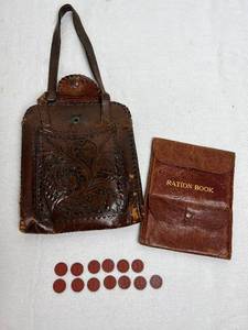lot 168 image: Vintage WWII Leather Ration Book Keeper & 13 Ration OPA Red 1 Point Tokens plus Leather Pouch