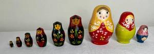 lot 173 image: Russian Handpainted Nesting Dolls (Made in USSR) and Ceramic Matryoshka Nesting Doll Measuring Cup Set
