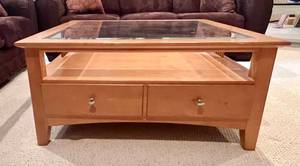 lot 64 image: Stanley Two Drawer Glass Top Display Coffee Table 38 x 38 x 17.5 H