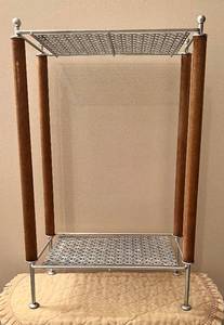 lot 201 image: MCM Atomic Walnut and Gold tone Metal Plant Stand Telephone Table 21 H x 13 W x 6.5 D