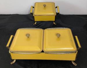 lot 96 image: MCM Metal Yellow Enamel Chaffing Dishes - Double and Single with Lids