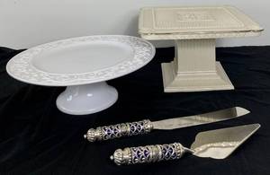 lot 47 image: Lenox Forum Collection 10.75 Pedestal Cake Stand, White 12.5 Cake Stand, and Vintage Godinger Cake Knife and Server Set