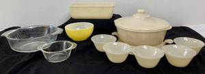 lot 45 image: Vintage Fire-King  Covered Clambroth Casserole Dish with Lid and Assorted Other Fire-King Dishes