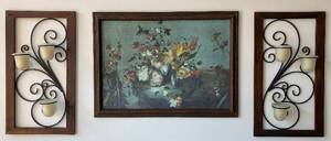 lot 11 image: Framed Floral Print With Matching Framed Wood and Metal Wall Sconce