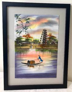 lot 20 image: Vietnamese Signed and Framed Seascape Watercolor on Silk Painting