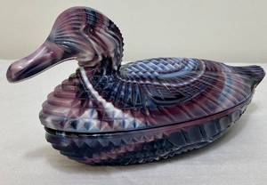 lot 24 image: Vintage Fenton for LG Wright Glass Atterbury Style Slag Glass Duck Covered Dish
