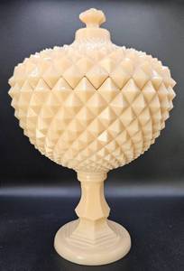 lot 9 image: Westmoreland Milk Glass Diamond Point 14 Covered Compote
