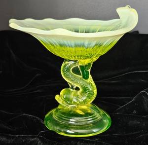 lot 8 image: Uranium Glass KoiDolphin Compote with Opaque Rim