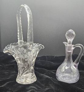 lot 128 image: Uranium Glass Handled Basket and Cruet with Stopper