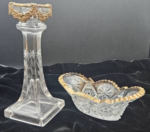 lot 182 image: Two Uranium Pieces - One Candlestick with Gold Toned Accents and Gold Trimmed Cut Glass Dish