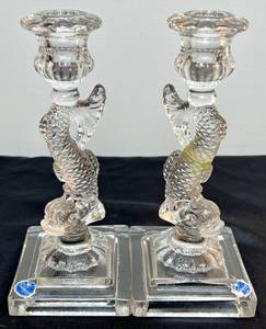lot 142 image: Vintage Imperial Glass 9 Clear Pressed Glas Koi FishDolphin Candle Holders - Set of 2