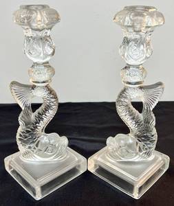 lot 141 image: Vintage MMA Koi FishDolphin Fine Glass Candle Holders - Set of 2