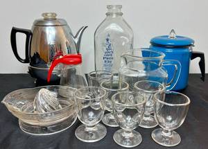 lot 148 image: Vintage Breakfast Bundle - Pure Flo 12 Gallon Bottle, General Electric Pot Belly Percolator and more