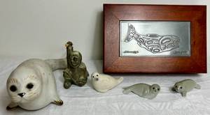 lot 172 image: Pacific Northwest Collection - Seal and Seal Pups, Whale Wood Box and Thorn Canada Carved Eskimo Hunter with Spear