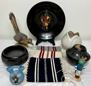lot 175 image: Southwest Flair Collection - San Ildefonso Pottery, Van Briggle Pottey Colorado, Hand Inlaid Kachina Bowl, Lefton Hand painted Roadrunner and more
