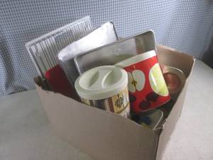 (G-1) Box of Assorted Kitchen - Cutting Board, Pans, Canisters Etc