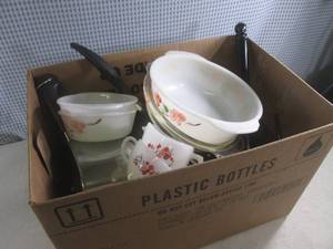(F-1) Box of Assorted Kitchen - Pans, Paper Towel Holder, Vintage Fire King Etc