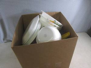 (F-2) Box of Assorted Kitchen - Plates, Bowls, Pans, Etc