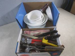 (F-1) Assorted Kitchen - Utensils, Pans, PlatesBowls Etc
