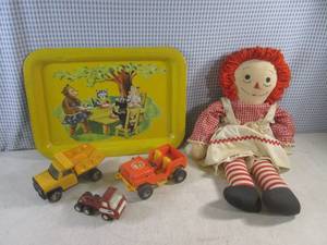 (F-0) Vintage Toy Trucks, Tray and Doll