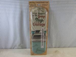 (H-2) Metal What Happens In The Garage Stays In The Garage Thermometer IndoorOutdoor 17 38 x 7 38