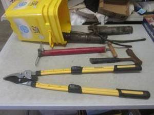 (CS) Yard Clippers, 2 Grease Guns, Old Tire Pump (No Hose) and Other