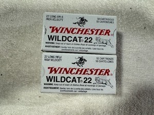 Winchester Wildcat 22 Long Rifle High Velocity. Two Boxes. 50 Cartridges per Box.