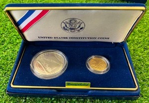 1987 US Constitution Uncirculated $5 Gold Coin & $1 Silver Coin