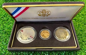 1989 US Mint Congressional Three Coin Proof Set - $5 Gold Coin, $1 Silver Coin