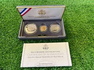 1991 US Mint Mount Rushmore 3 Coin Proof Set - $5 Gold Coin, Silver Dollar & Half Dollar