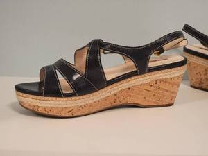 lot 36 image: Prada Black Vitello Shine Leather and Cork Espadrille Wedge Sandals - Size 8.5