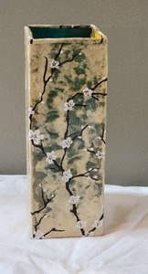 lot 38 image: Moody Handpainted Japanese Rectangular Vase - White Blossoms