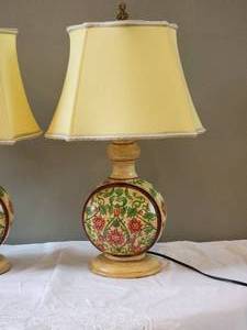 lot 119A image: Rustic Scandinavian Handpainted Floral Wood Vase Table Lamp Pair
